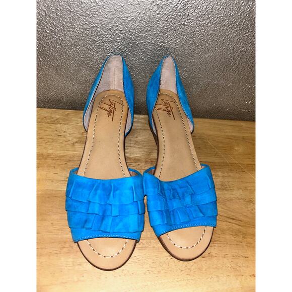 Anthropologie Latigo Shona Blue Suede Leather Ruffle Wedge Sandals Size 8M NWOB - Picture 3 of 12